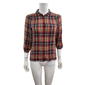 Broadway And Broome 3/4 Sleeve Plaid Silk Button Down Shirt